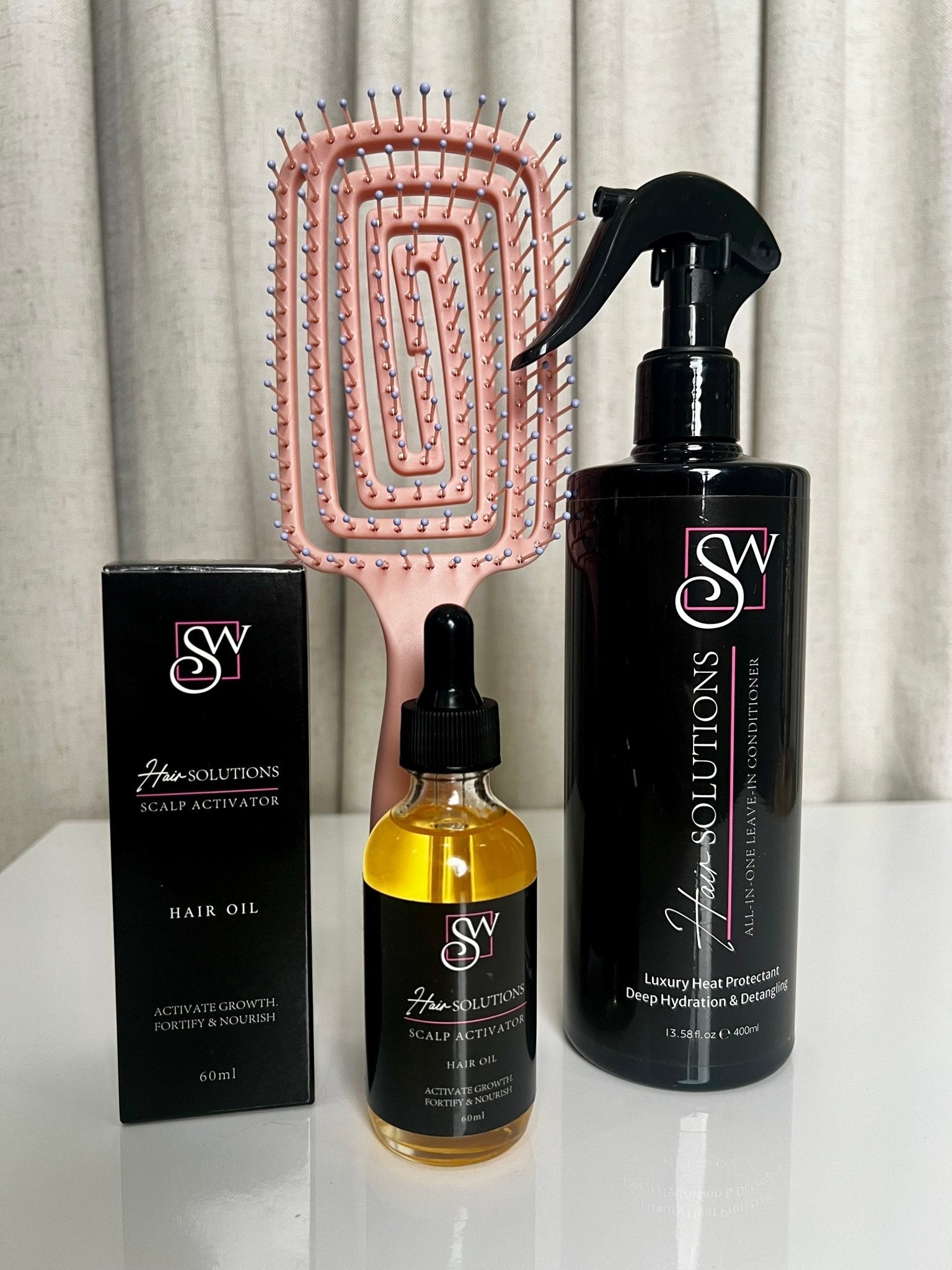 SW Hair Solutions | Hair Growth & Heat Protectant Set – Biotin Oil, Leave-In Conditioner & Detangling Brush